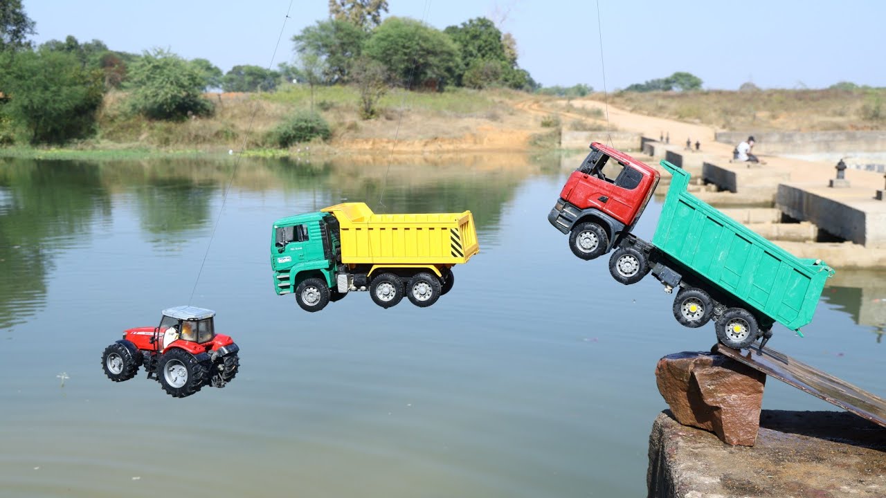 Jump Biggest River- Crane | JCB 3DX | Scania Truck | Tata Tipper | Tractor | Bus | Rickshaw | CS Toy