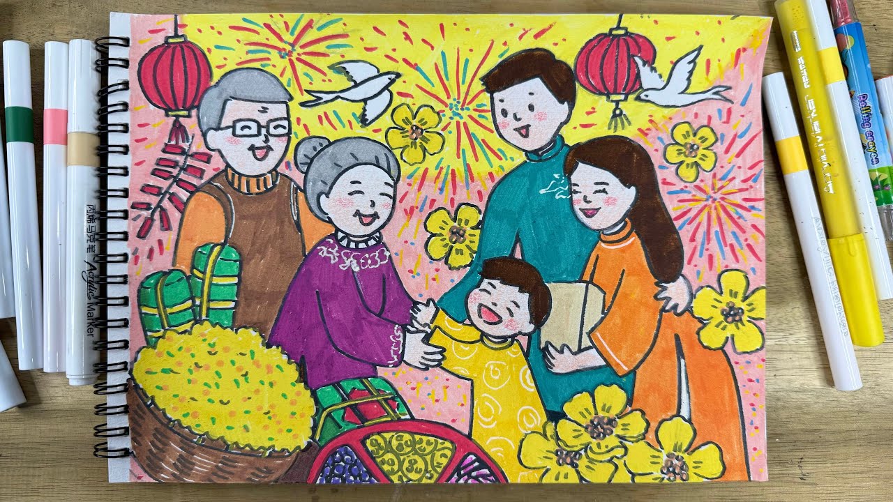 Tranh Tết / ngày tết trong gia đình / mùa xuân của em #drawingtutorial #drawing #vetranh #tet 