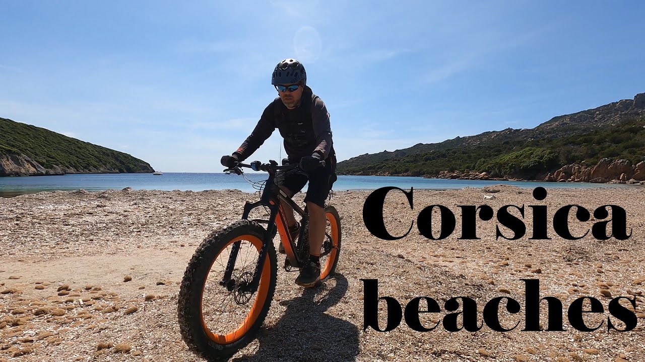 Corsica beaches near Bonifacio on fatbike MTB. Plage de Paraguan, La Tonara beach. Salsa Beargrease