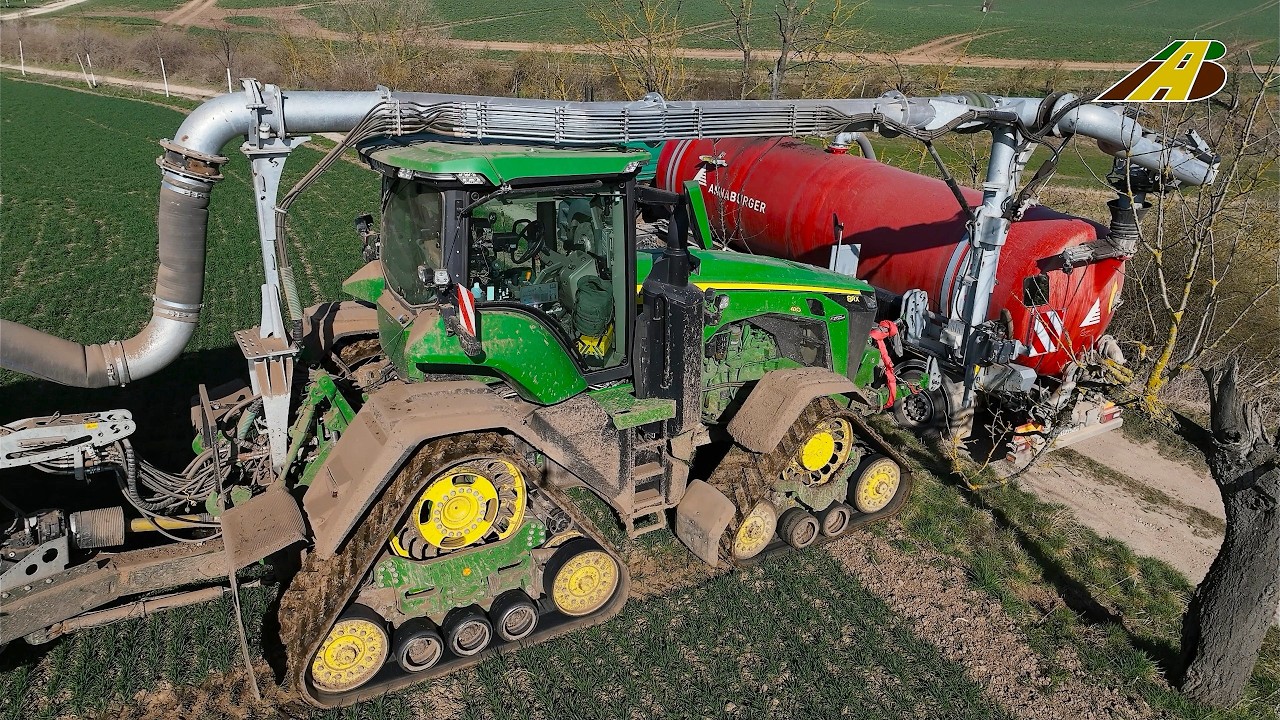 Gülle fahren 2025 - Großtraktor John Deere 8RX & Kotte Fass 27m Schleppschuh Düngung Landwirtschaft
