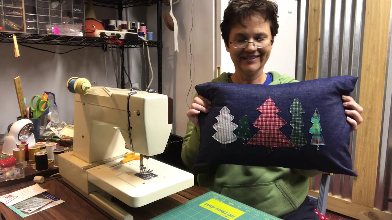 Sewing a Christmas Pillow Cover.   Using Denim and fabric tree cutouts  @CreekviewAcres