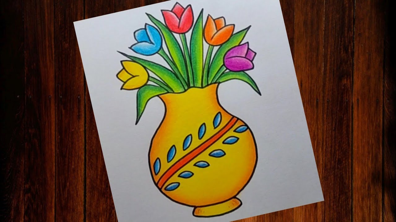 Easy and Simple Flower pot drawing| How to draw Flower pot step by step| Flower Vase drawing