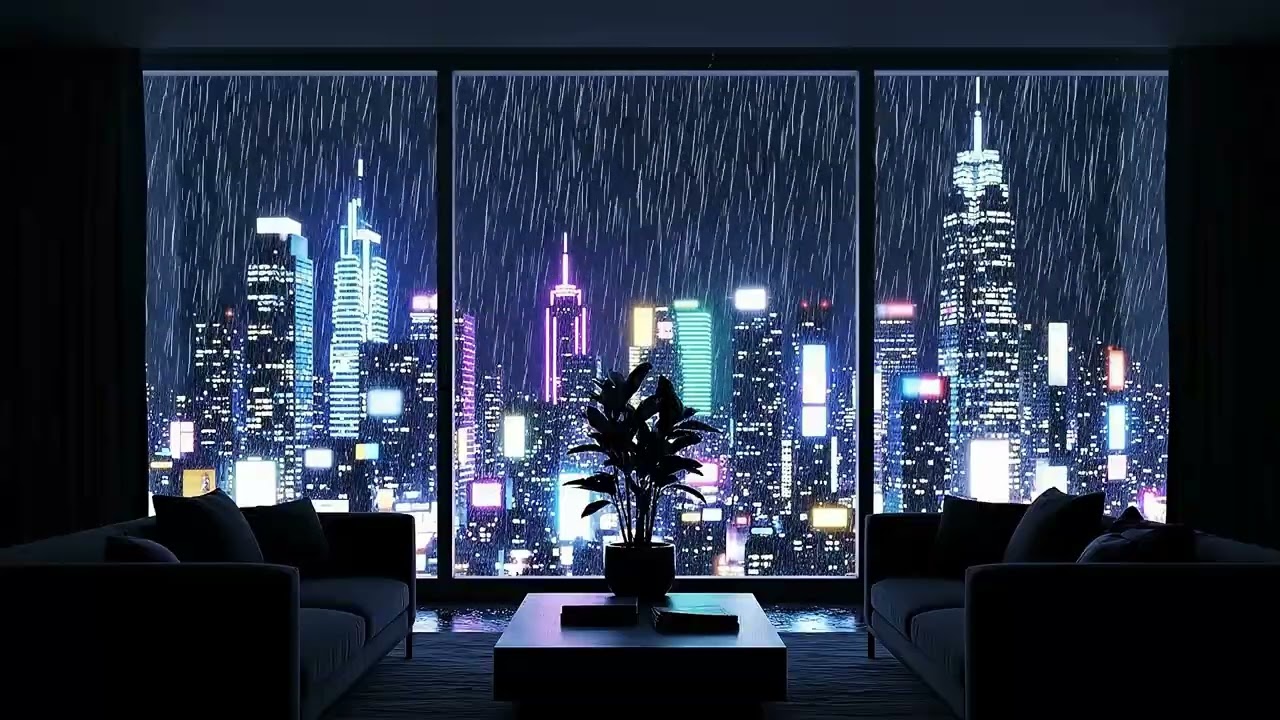 🌧️ Rain Sounds for Sleeping – Neon City Glass House 🌃