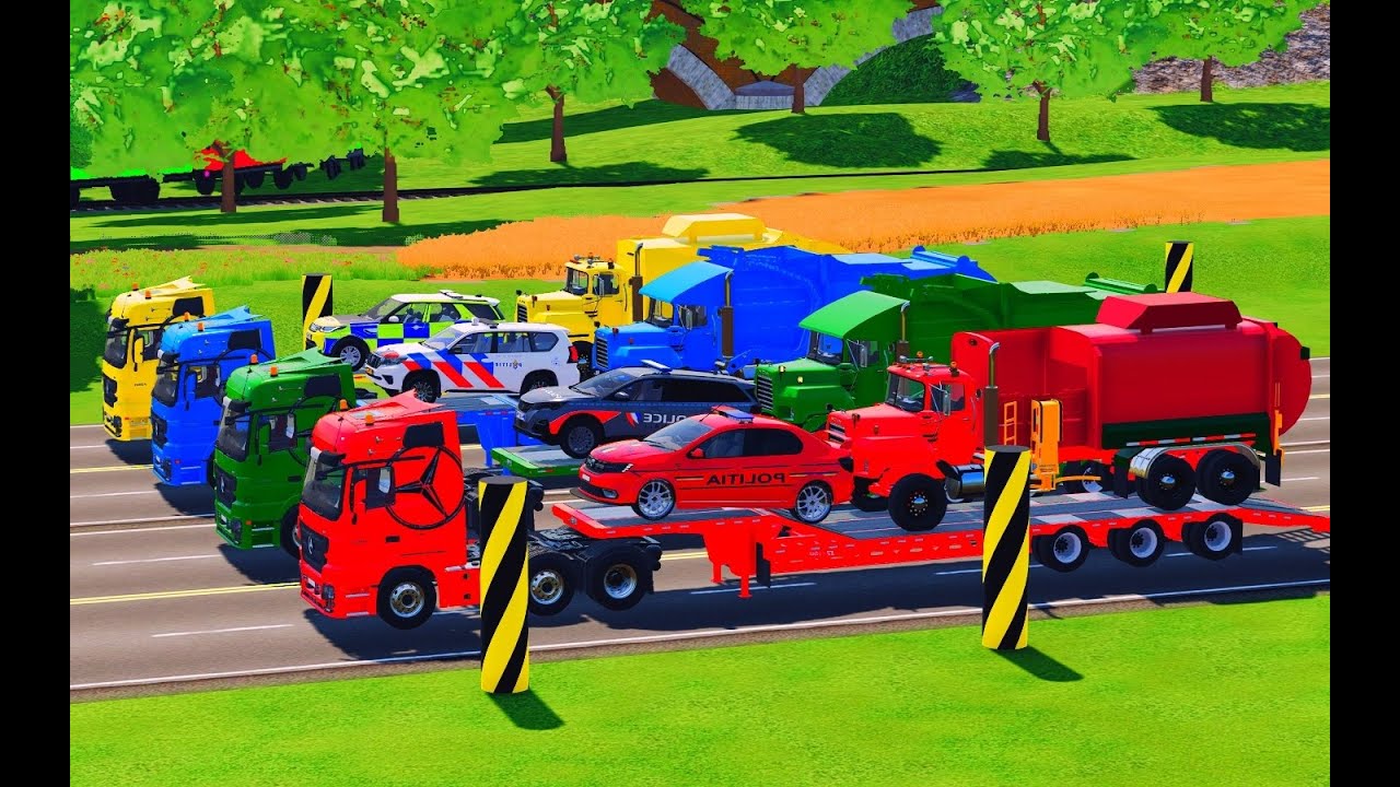 TRANSPORTING POLICE CARS & GARBAGE TRUCK VEHICLES WITH MERCEDES TRUCKS ! FS22