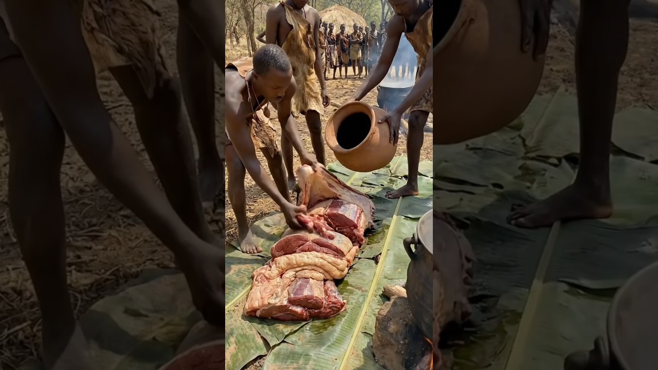 Tribal Feast: Massive Meat Butchering & Cooking in a Giant Cauldron🥩#tribalcooking #shorts