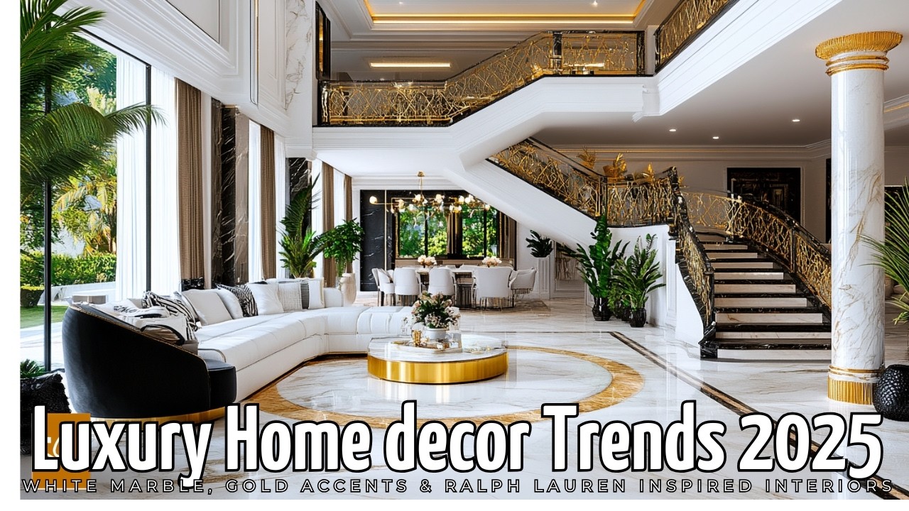 Luxury Home decor Trends 2025:  White Marble, Gold Accents & Ralph Lauren Inspired Interiors
