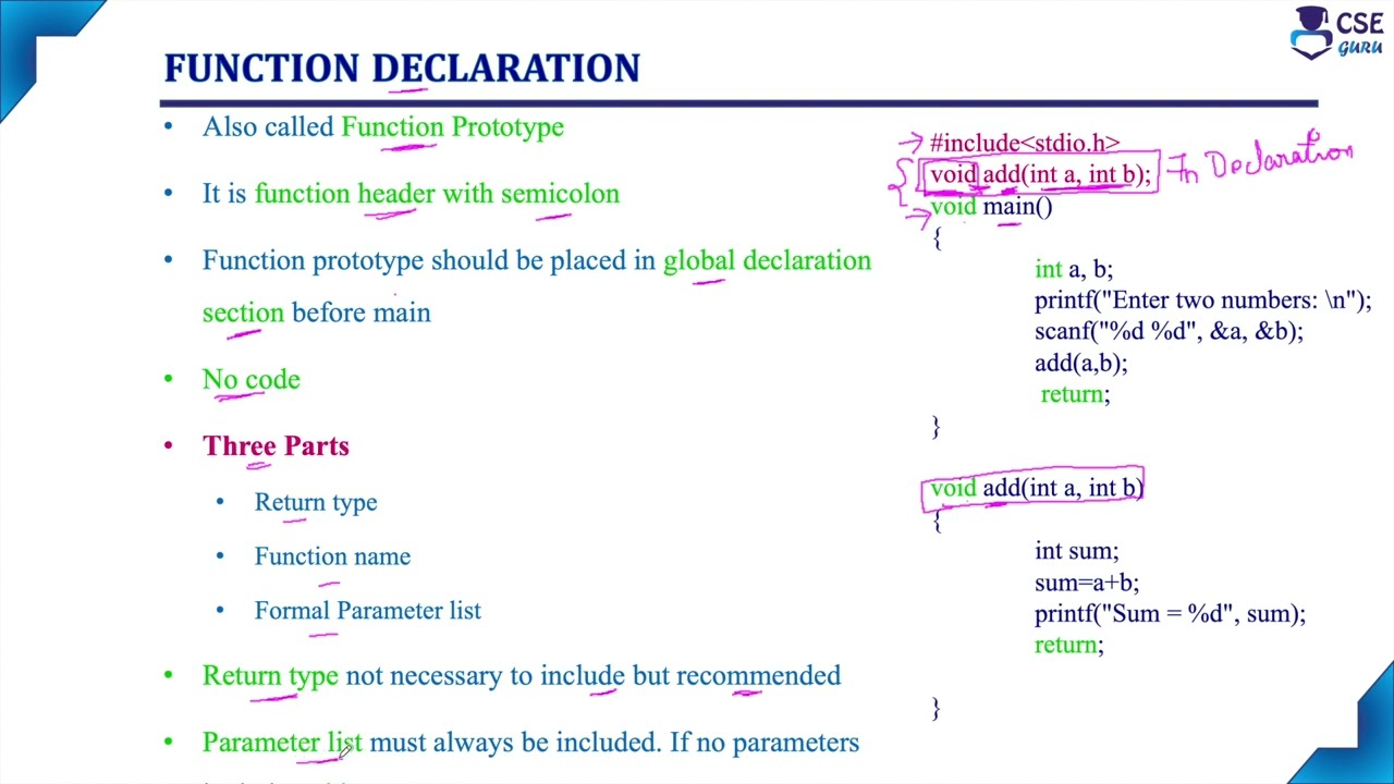 Function Declaration |  Elements of User Defined Function | Lec 90 | C Programming Tutorials