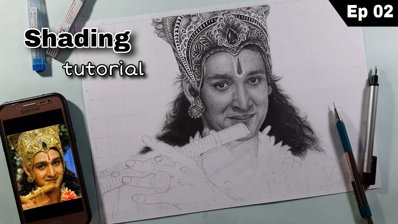 Mahabharat Krishna Drawing / shading tutorial Ep 2 ( lips, hair, crown) /Sourabh raaj jain drawing
