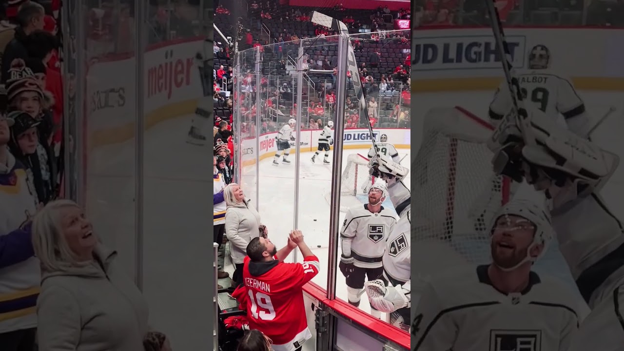 LA Kings goalie Rittich helps Gavrikov give puck to kid at Wings game! 🏒 #gokingsgo #nhl