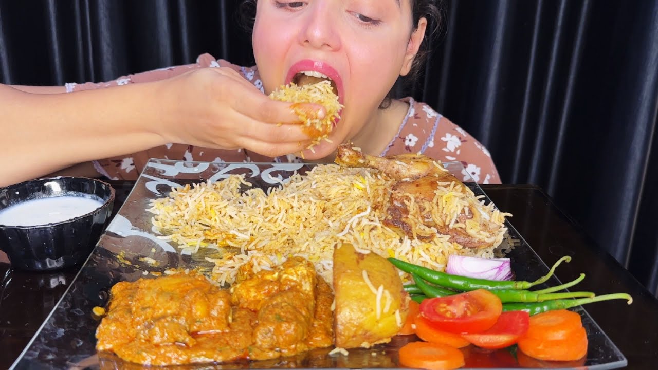 Chicken Biryani with Chicken Masala, Salad, Raita | Kolkata Style Chicken Biryani | Eating Show