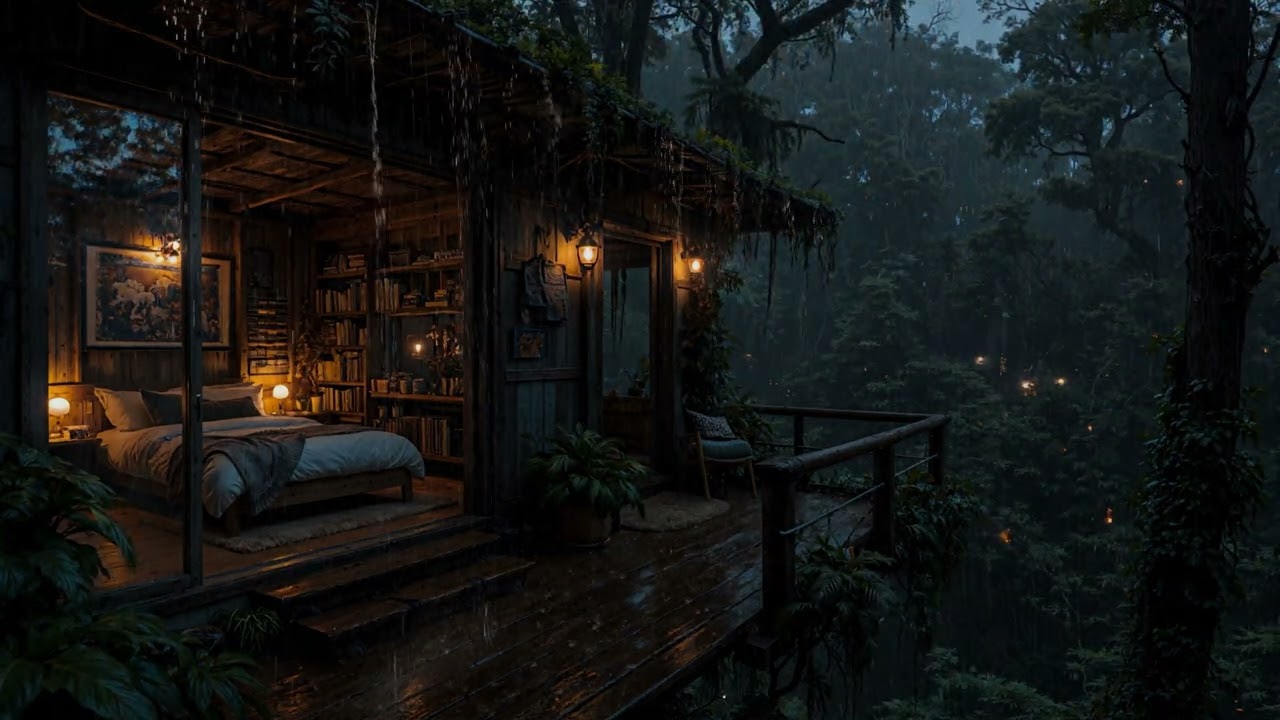 Soft Rain Falling Beneath Tall Forest Trees Around a Cozy Cabin 🌧️🌲 | Calm Night Rest Ambience