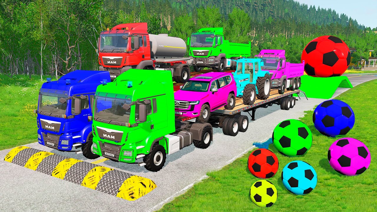 Flatbed Trailer McQueen Transportation with Truck - Speedbumps vs Cars vs Train - BeamNG.Drive #22