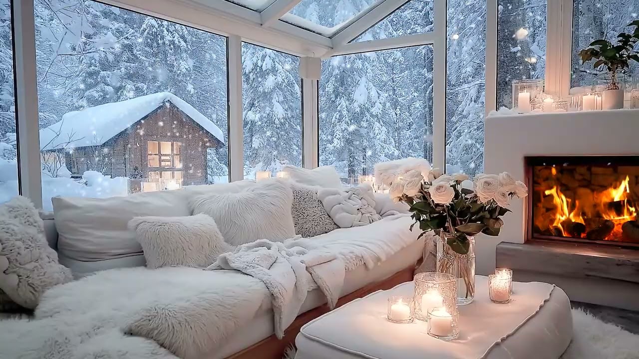 🌙🎹 Warm Fireplace Piano | Winter Lounge with Snowy Window for Calm Focus Sleep Relax | Piano Room
