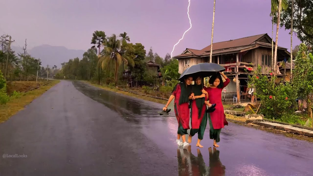 Hail and Rain, Thunderstorms and Lightning in the Village-a Walk through a Village