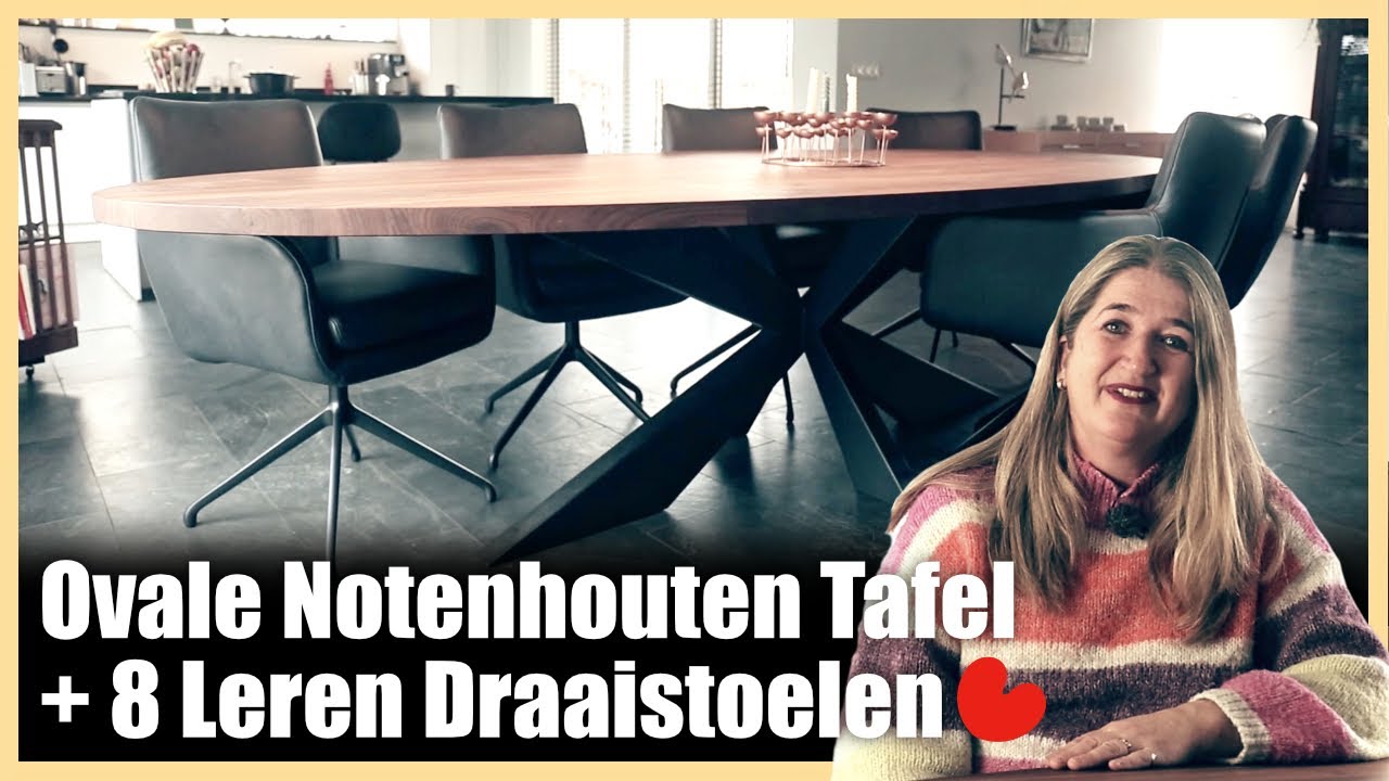 Ovale Noten Eetkamer Tafel | Industriele Kruispoot | Leren Stoelen | Anthonie Feenstra