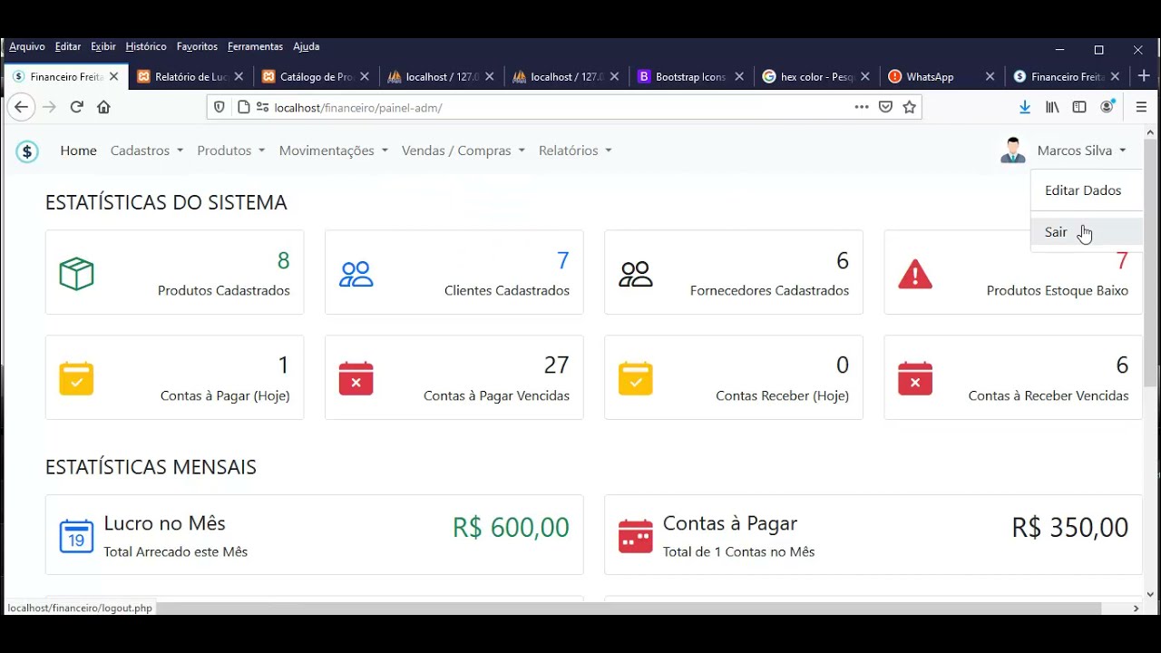 Demonstração do Sistema Financeiro em PHP 8 PDO