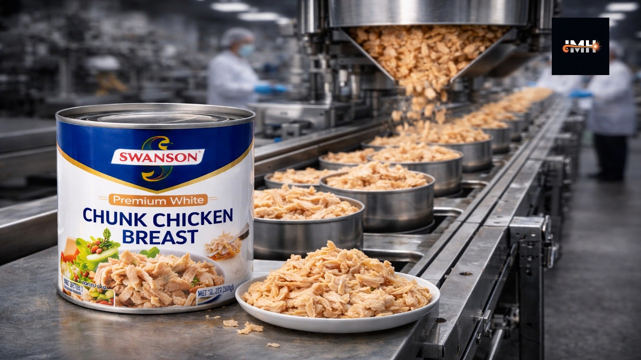 Тщательный процесс производства консервированного куриного мяса