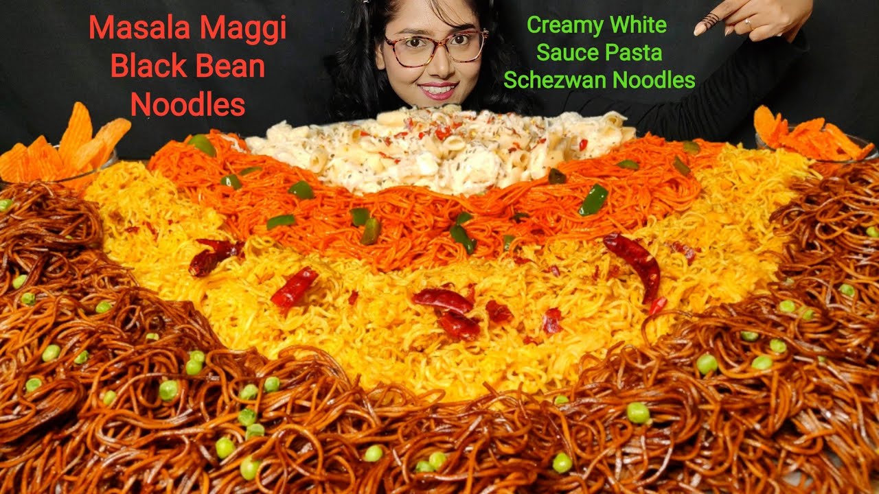 Eating White Sauce Pasta, Spicy Schezwan & Black bean Noodles | Big bites | Asmr Eating | Mukbang