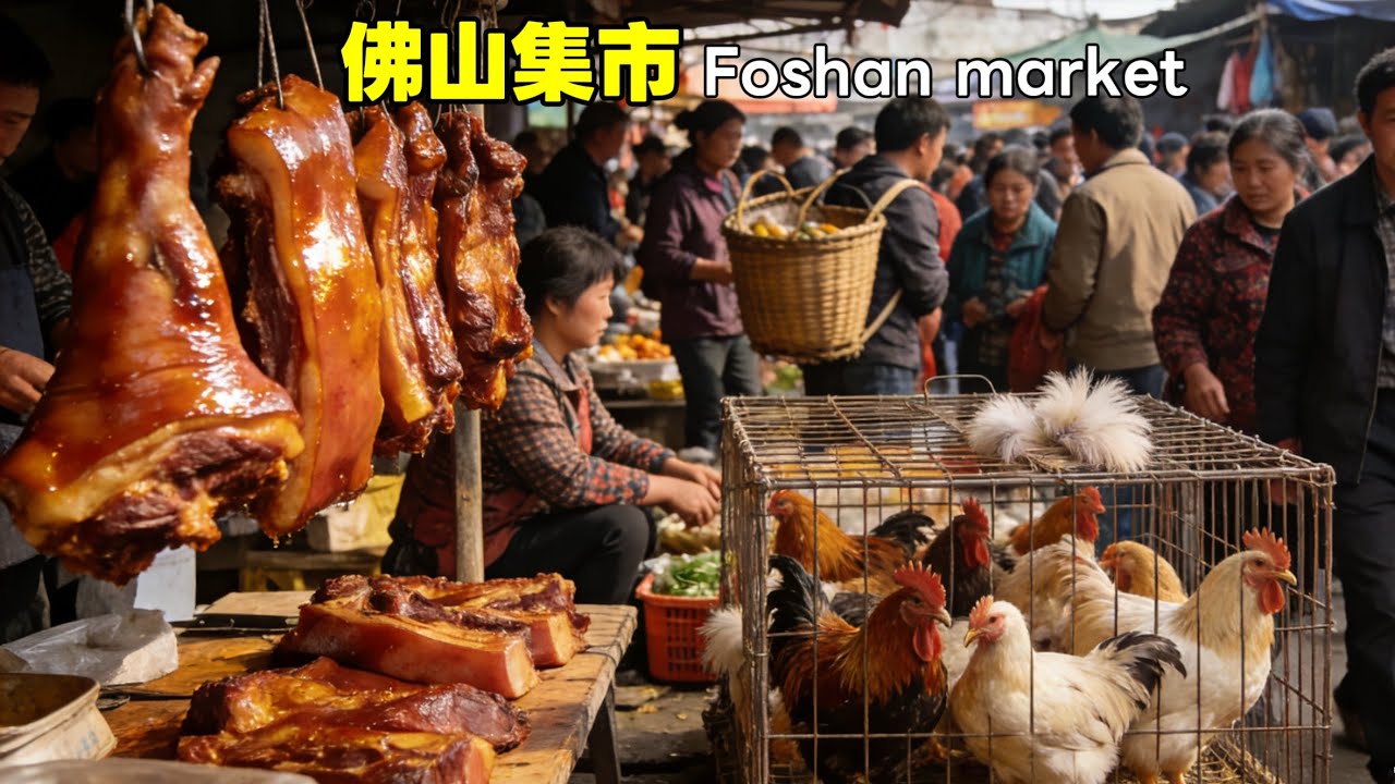 广东佛山传统集市！大鳄鱼现宰现卖，吸引众人围观购买！烧猪肉等烧腊很受欢迎！老鼠干竟然成为了菜肴，广东人真敢吃！各种鸡鸭等家禽跟各种猫狗等宠物都有售卖！水鱼等水产丰富！鱼饼等小吃十分诱人！非常有烟火气！
