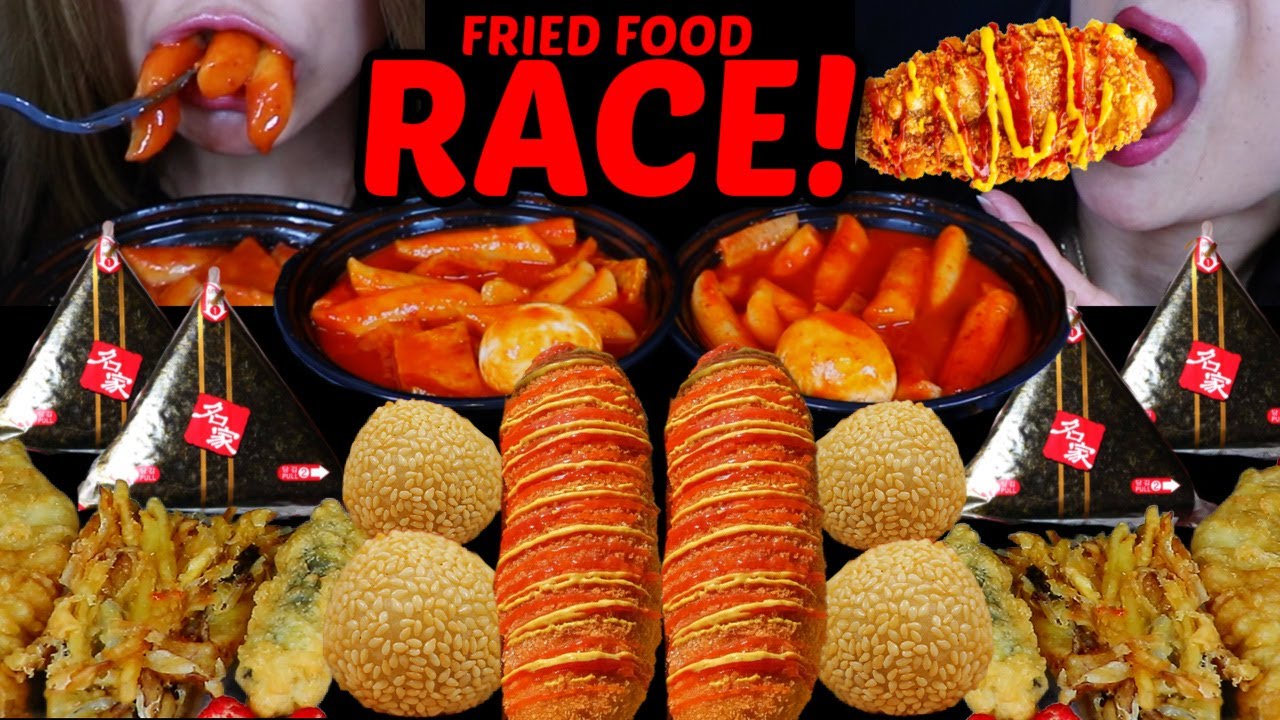 ASMR RACE: ПИРШЕСТВО ЖАРЕНОЙ ЕДЫ + ОСТРЫЕ ТТЕОКБОККИ + ШАРИКИ МОТИ