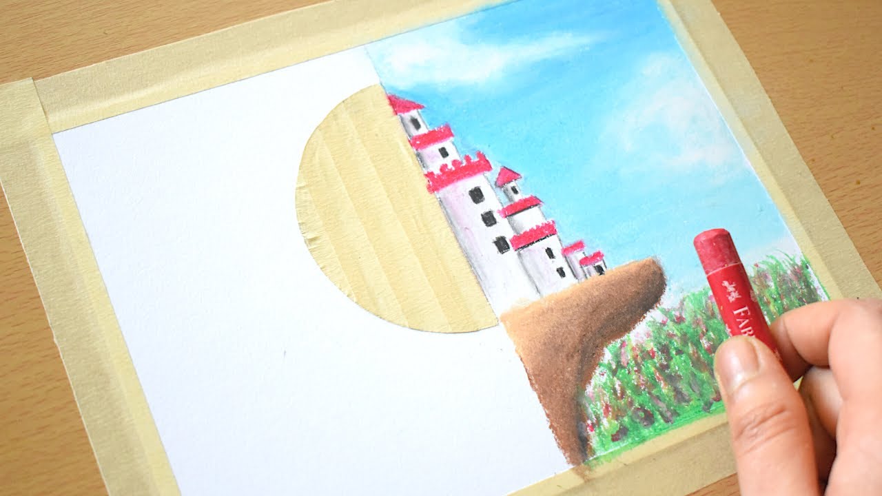 2 types of scenery drawing || oil pastel drawing for beginners - step by step || castle scenery