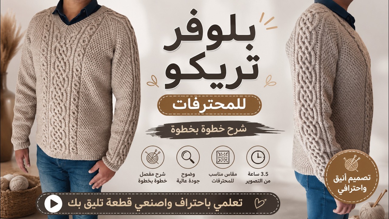 بلوفر تريكو رجالي للمحترفات \ حردة الرجلان\ و غرز ضفاير knitting a professional pullover for men//