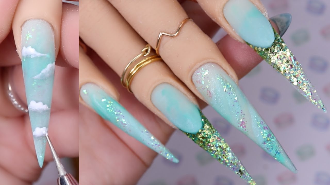 EXTREME LENGTH NAILS - MINT MARBLE STILETTO NAILS XXLONG CLOUD NAIL ART