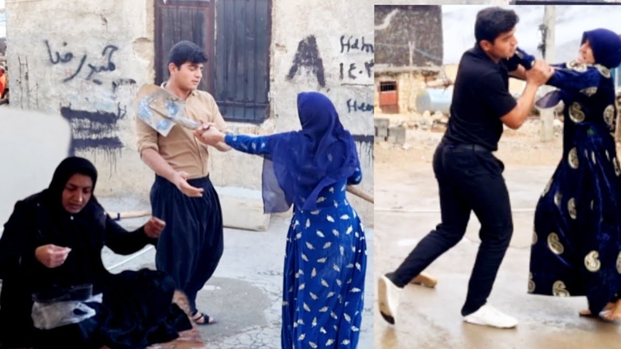 Alireza's wife in the middle of a fight and sewing shoes.