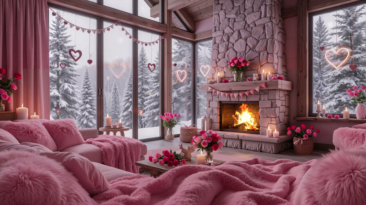 🎀 Pink Valentine Fireplace Ambience 🤍 Cozy Snowfall  Wind & Piano 🔥