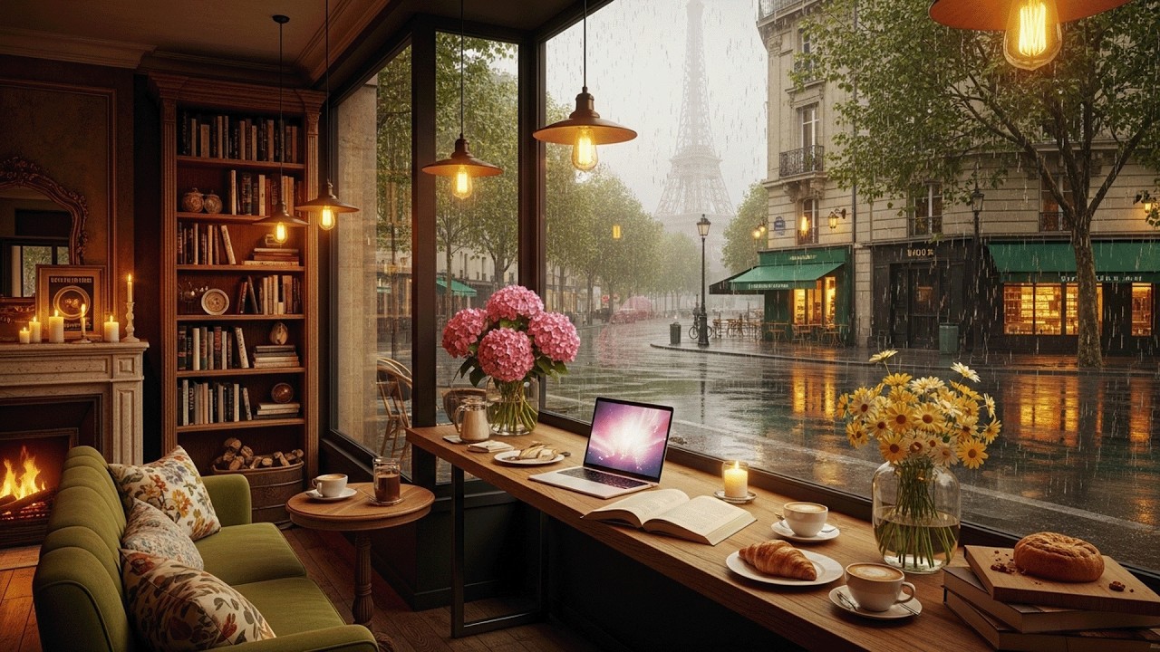 Gentle Piano and Fireplace Music in a Rainy Day Cafe