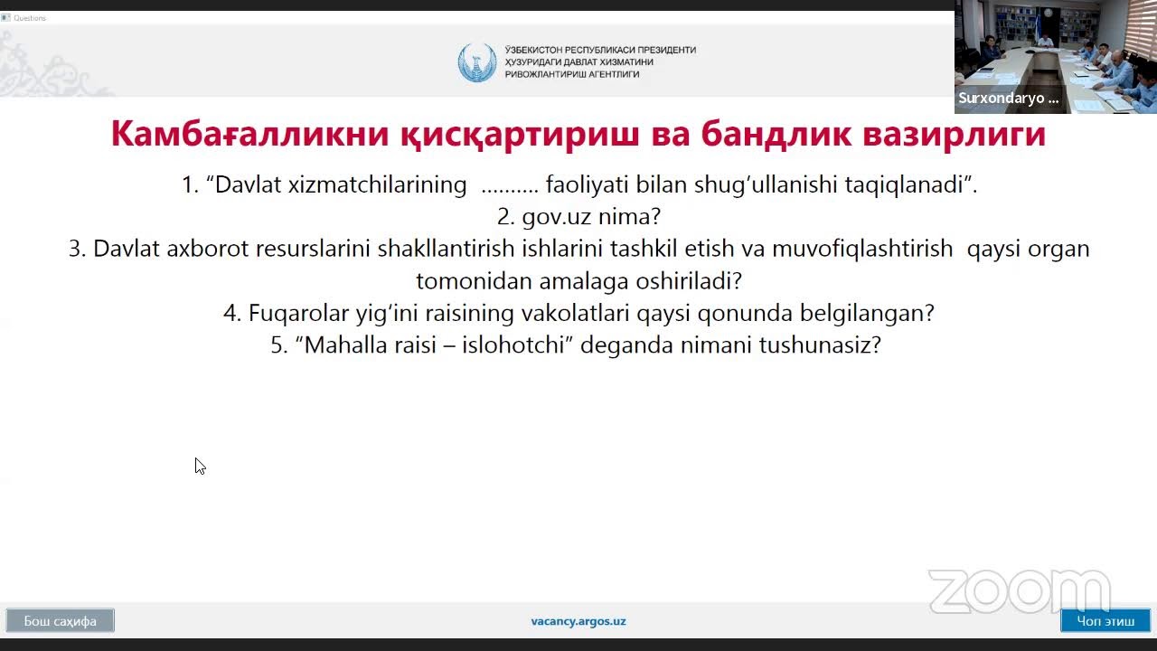 Сурхондарё вилояти Камбағалликни қисқартириш ва бандлик бош бошқармаси суҳбати 25.04.2024