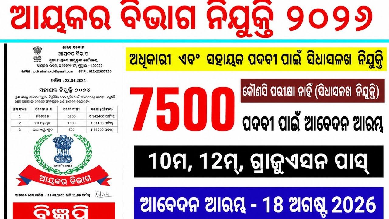 Odisha Gram Panchayat Income Tax Department Job 2026/Odisha Income tax peon Clerk MTS Clerk Job 2016