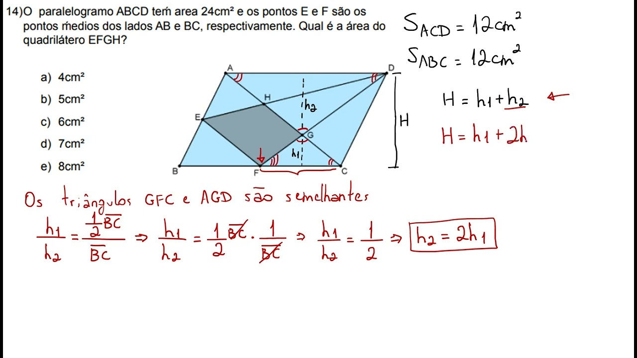 (Área do paralelogramo) O paralelogramo ABCD teḿ área 24cm² e os pontos E e F são os pontos médios.