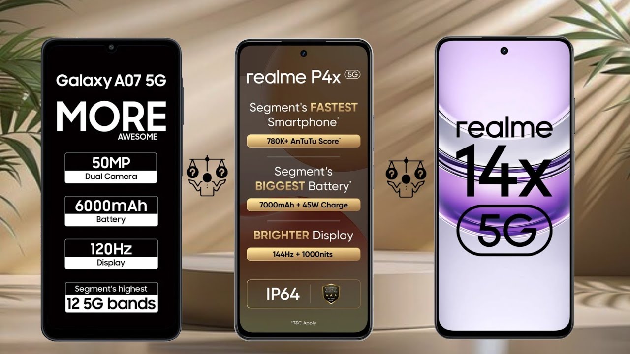 Galaxy A07 5G Vs Realme P4X Vs Realme 14X