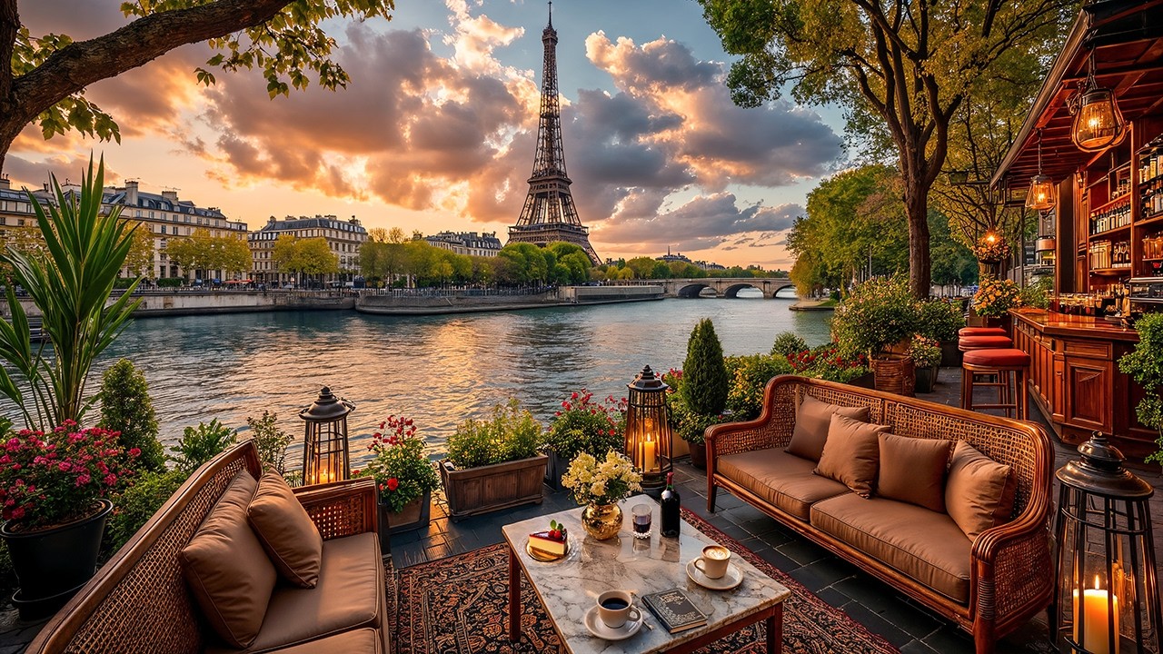 Start Your Morning in Paris ☕ Riverside Café Ambience & Relaxing Jazz Instrumental for Focus & Work