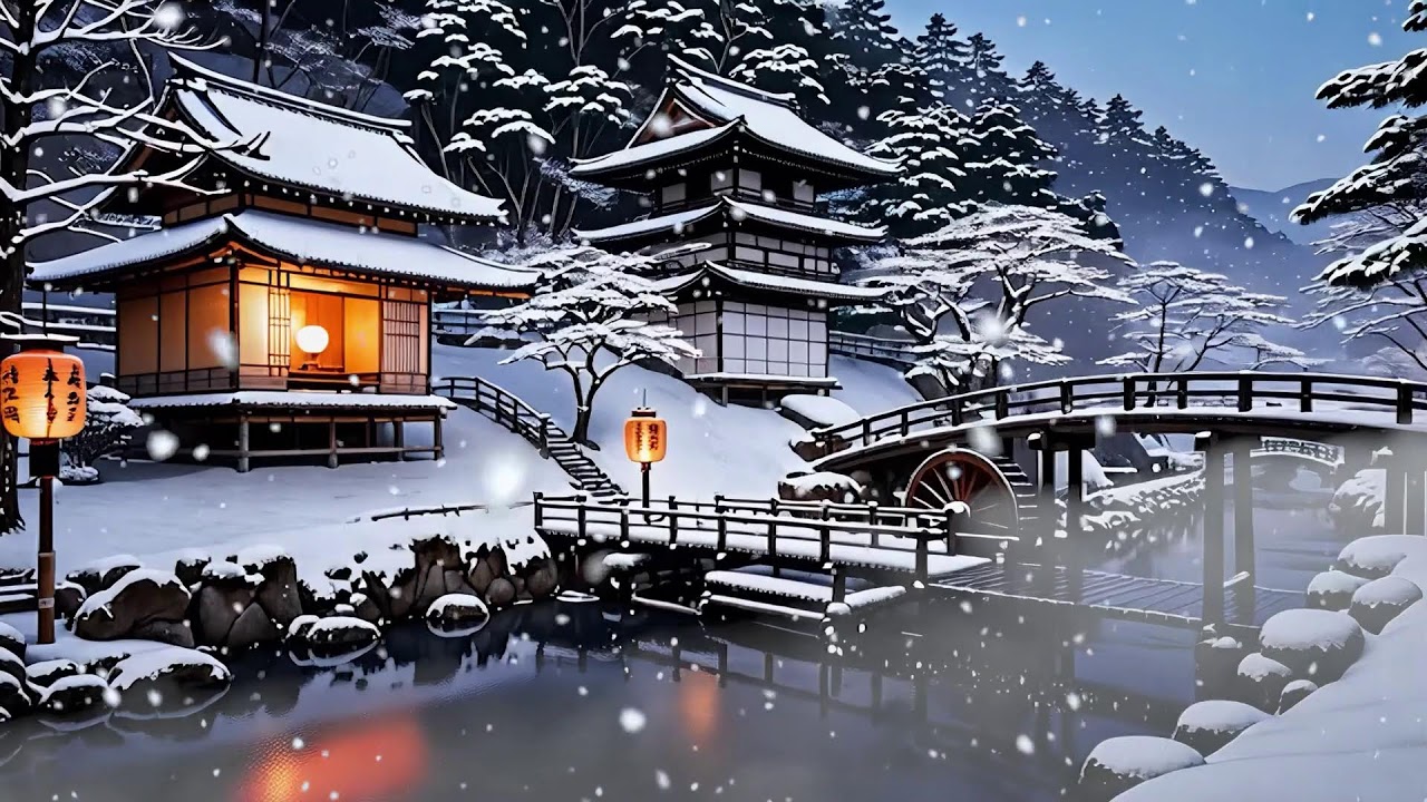 12h Ambient Zen | Music and Water Sounds for Sleep and Relaxation🌙 | 冬の水車瞑想音楽 | Thiền Mùa Đông Vol24