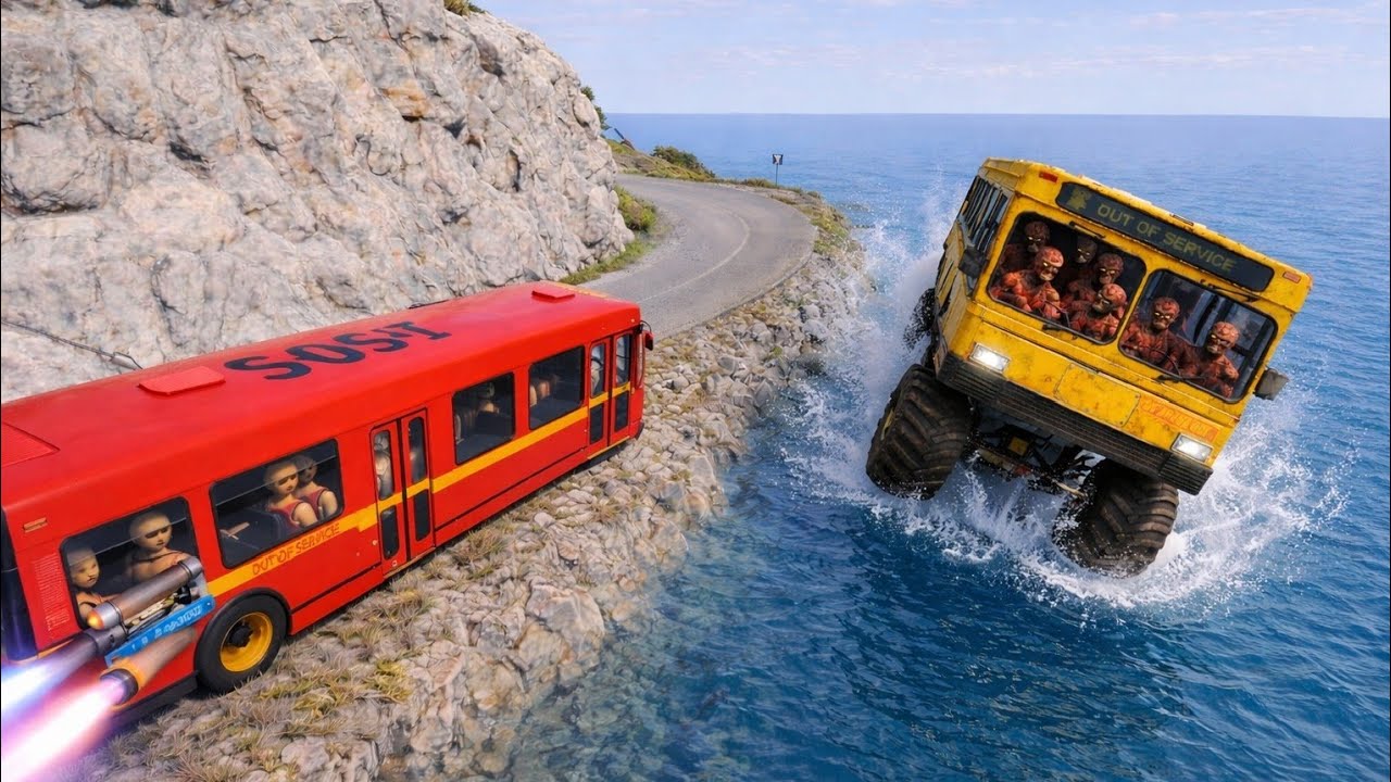 BeamNG.drive | School Bus on Dangerous Cliff Roads | Monster Bus Zombies Attack 😱 #121