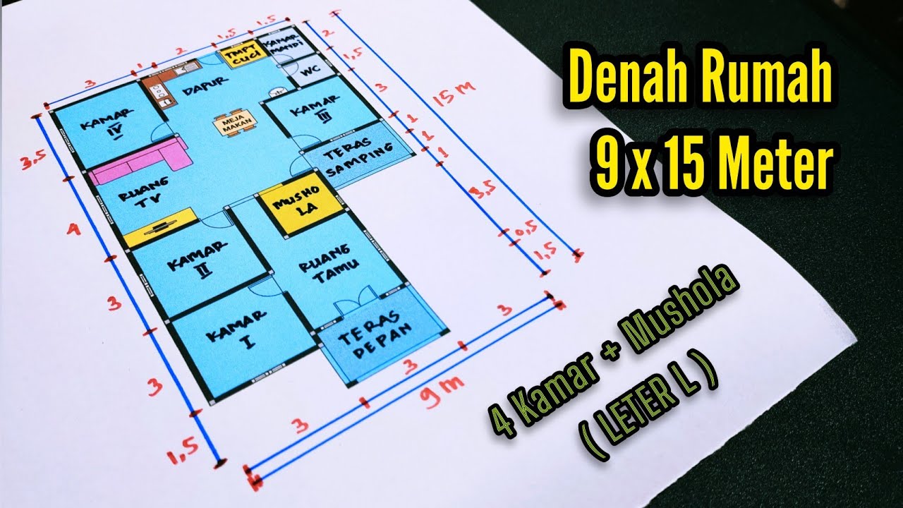 Desain Rumah 9x15 4 Kamar ( Leter L / Teras Samping )