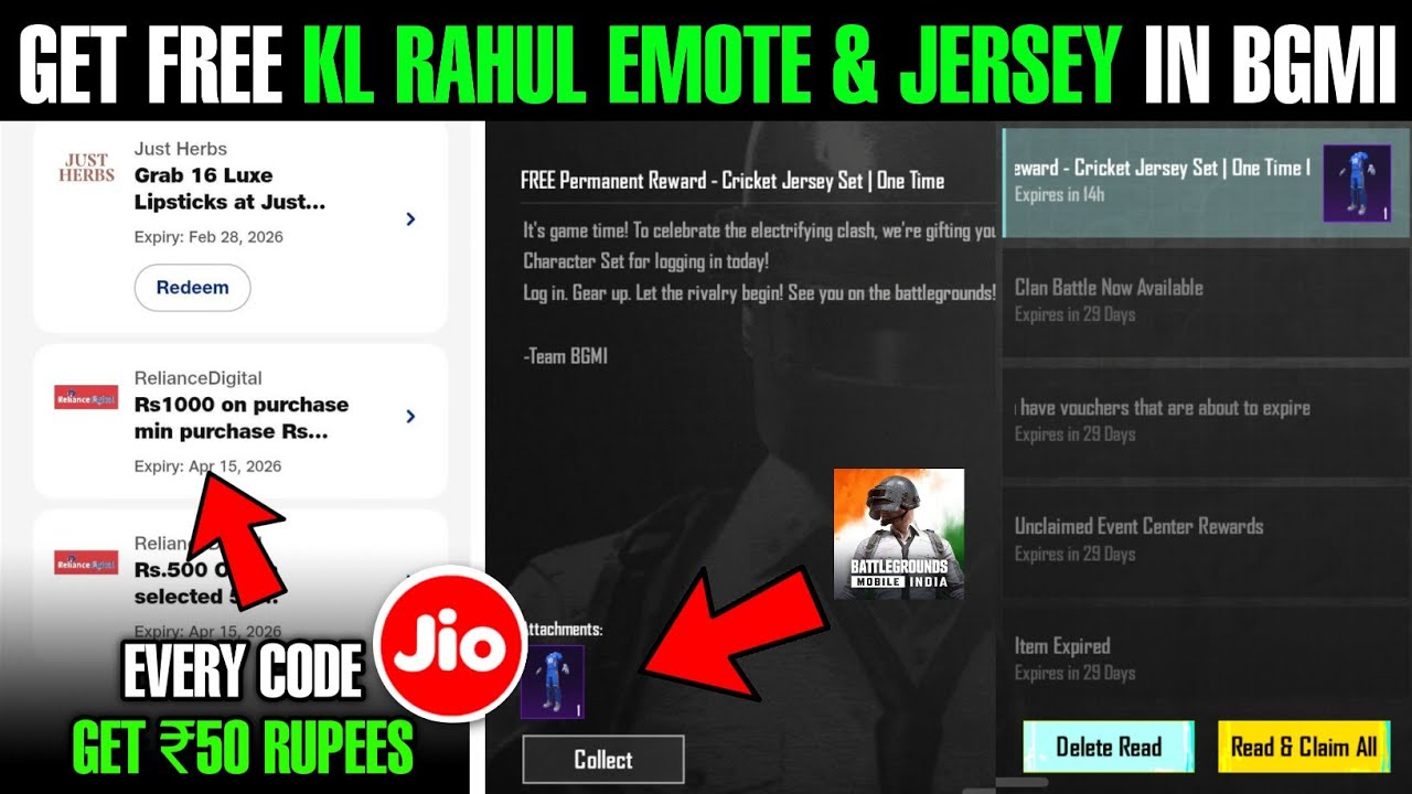 Get ₹50 Per Code ( Jio Offer ) | Get Free KL Rahul Emote & Jersey In Bgmi 
