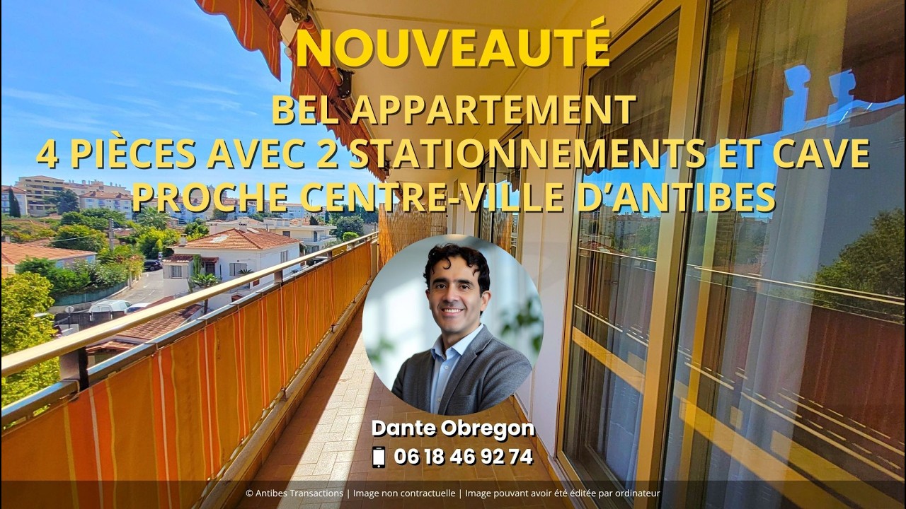 À VENDRE : 4 PIÈCES + GARAGE + PLACE DE PARKING EXTÉRIEURE + CAVE, PROCHE CENTRE-VILLE D’ANTIBES