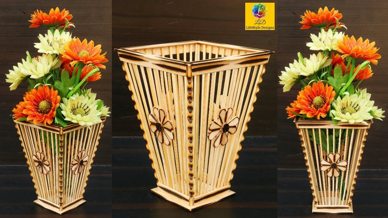 How to make flower vase with popsicle sticks | DIY Flower vase | Bamboo Sticks Flower Pot Design