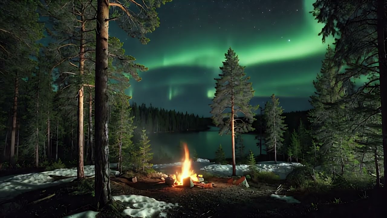 Go to Sleep Northern Lights Campfire by the Lake 🌌🔥