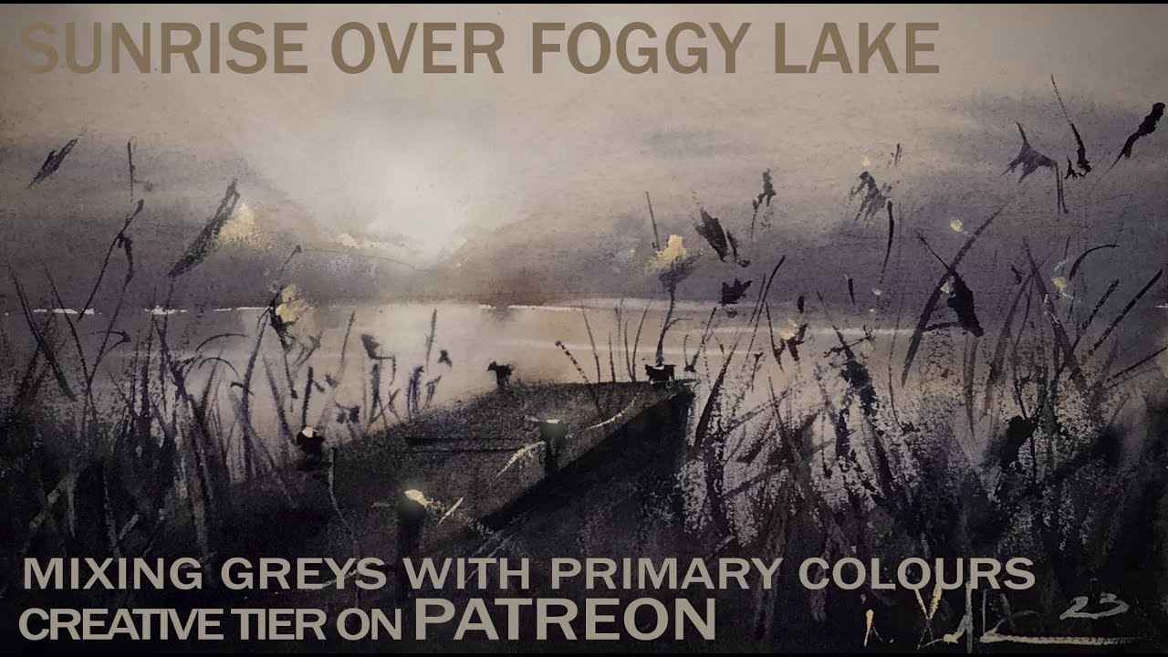 Watercolour Monochromatic Primary Colors Sunrise Over Foggy Lake