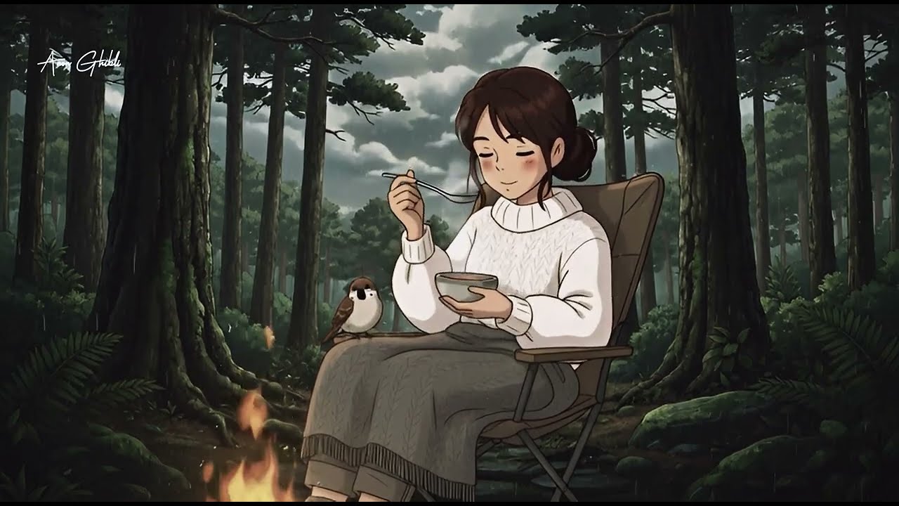 A Rainy Day in the Forest: Cooking Warm Soup in a Cozy Tent Porch | Ghibli Style ASMR