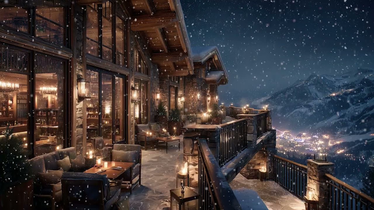 A Cozy Winter Night in the Mountains ❄️ Snowfall & Warm Café Ambience