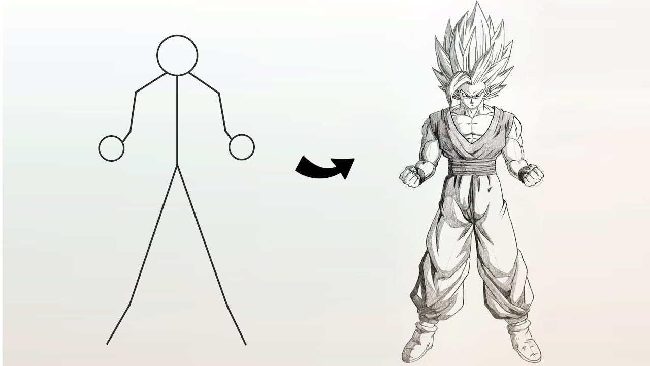 How to Draw Gohan Beast Full Body from Stickman | Step-by-Step Anime Drawing