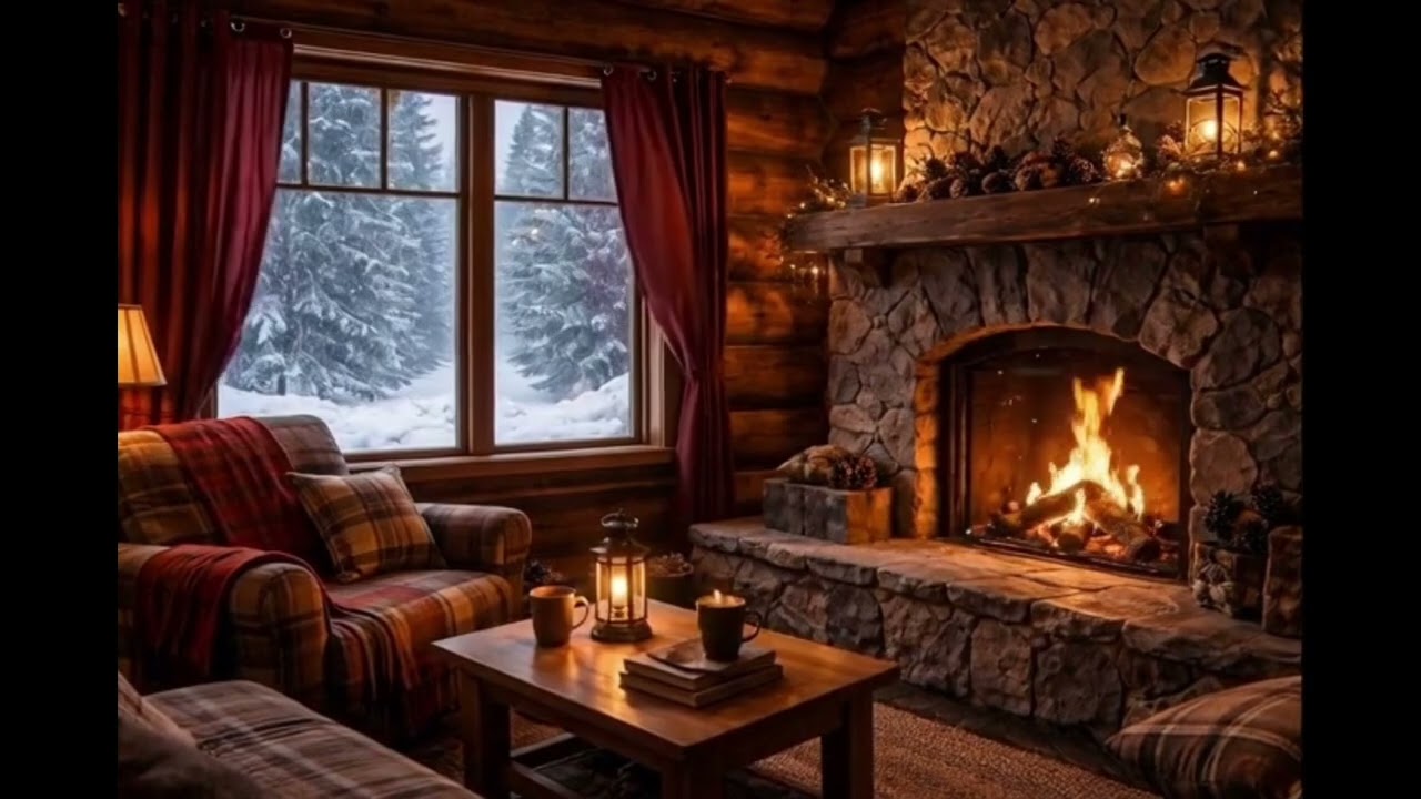 Cozy Winter Cabin | Fireplace & Snowy Forest 