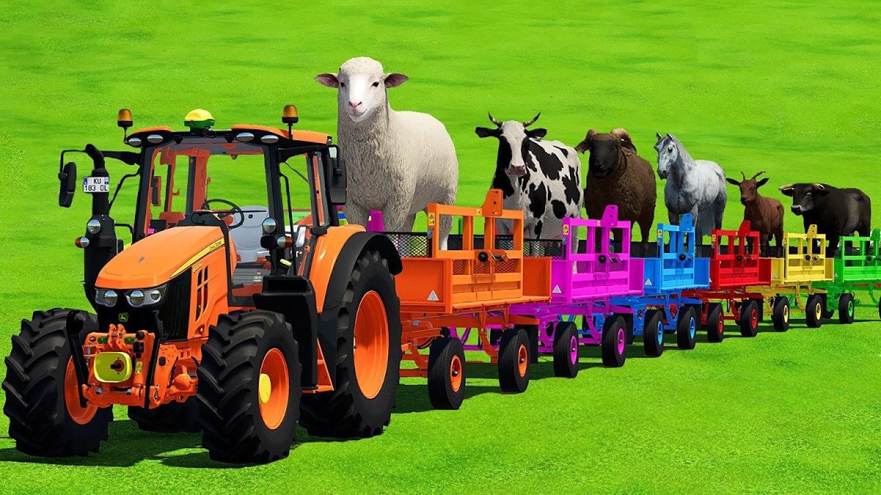 SHEEPS, BULLS, COWS, HORSES & GOATS TRANSPORT WITH COLORED TRACTORS - FS25