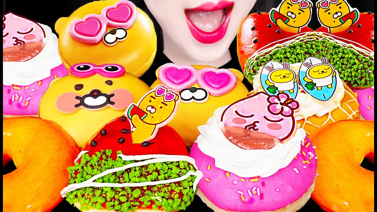 ASMR Kakao Friends Donuts, Watermelon Lion 카카오 프렌즈 도넛 먹방 Mukbang, Eating