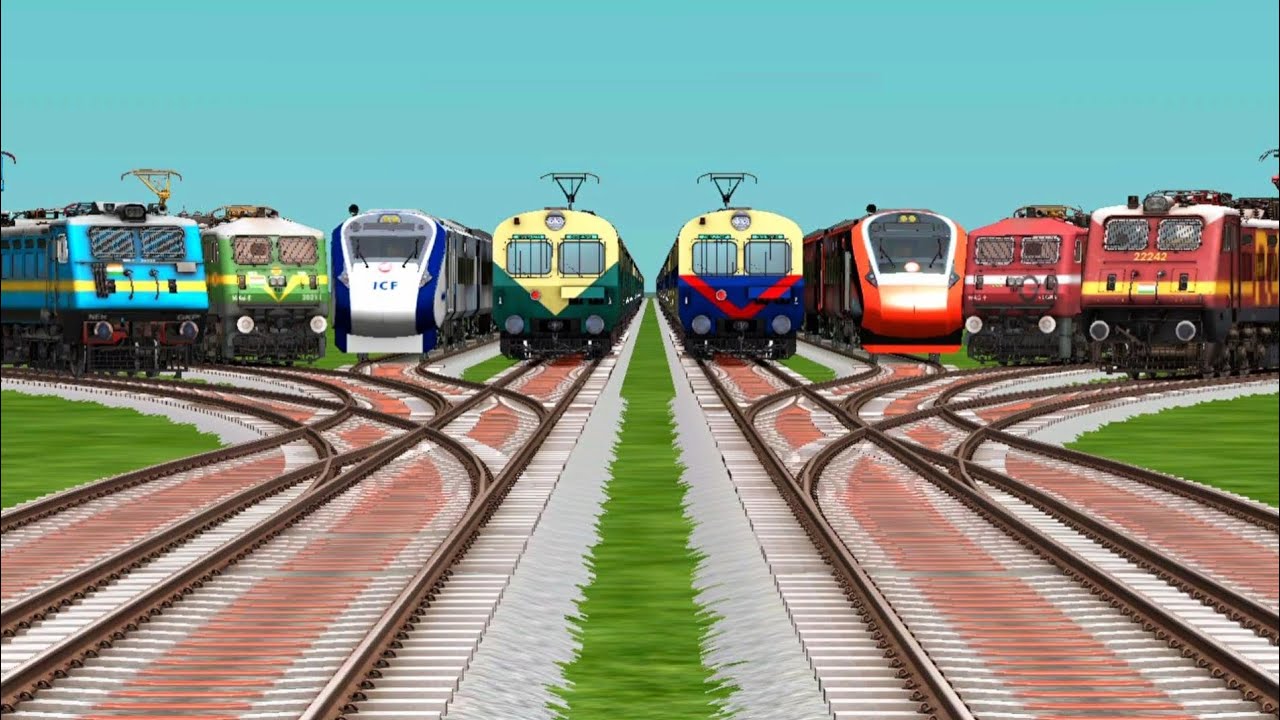 8 Locomotive Trains Crossing By Bumpy Branched Railroad Tracks || Indian Train Simulator Classic 